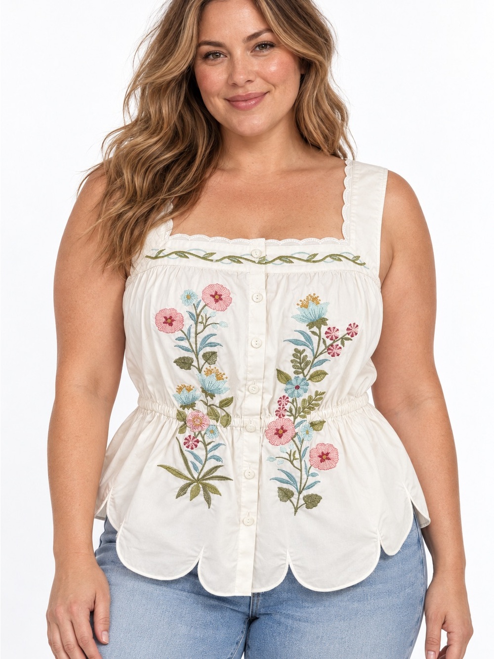 Spartina 449 Women’s Floral Embroidered Peplum Ivory Tank Button Front Blouse XL